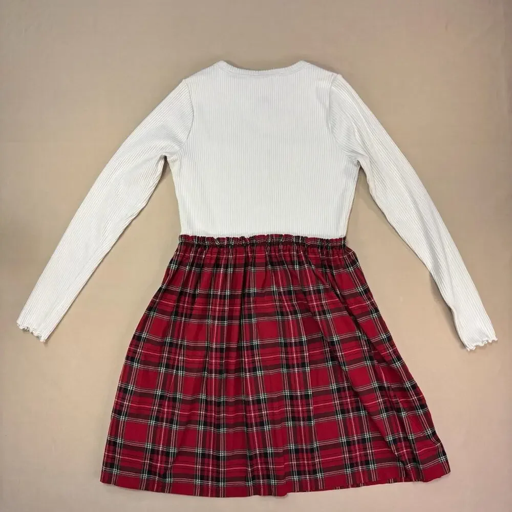 Crewcuts Girls White and Red Plaid Ribbed Long Sleeve Top Dress Size 12